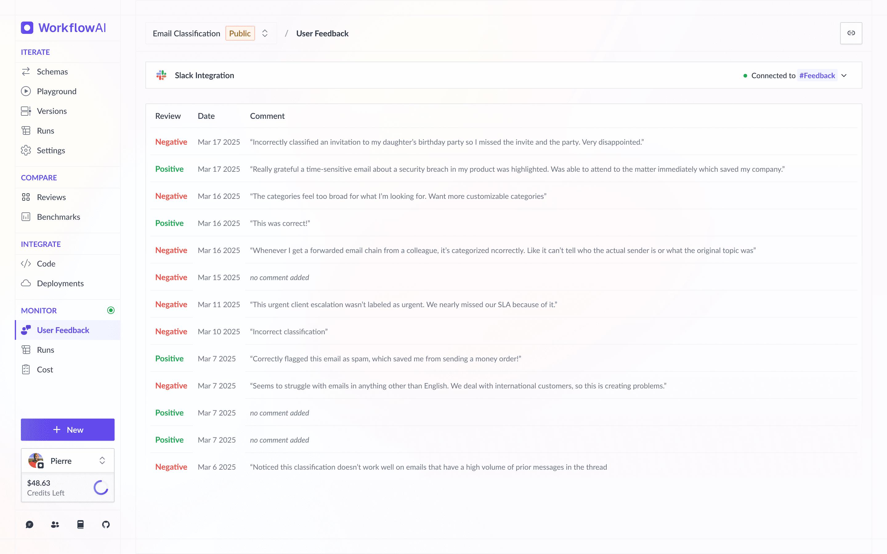 User Feedback Screen